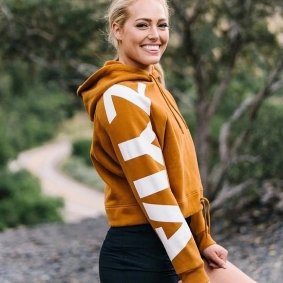 ZYIA Tops - Zyia Camel Cropped Hoodie Drawstring Rust Burnt Orange Brown Logo Sleeve Small